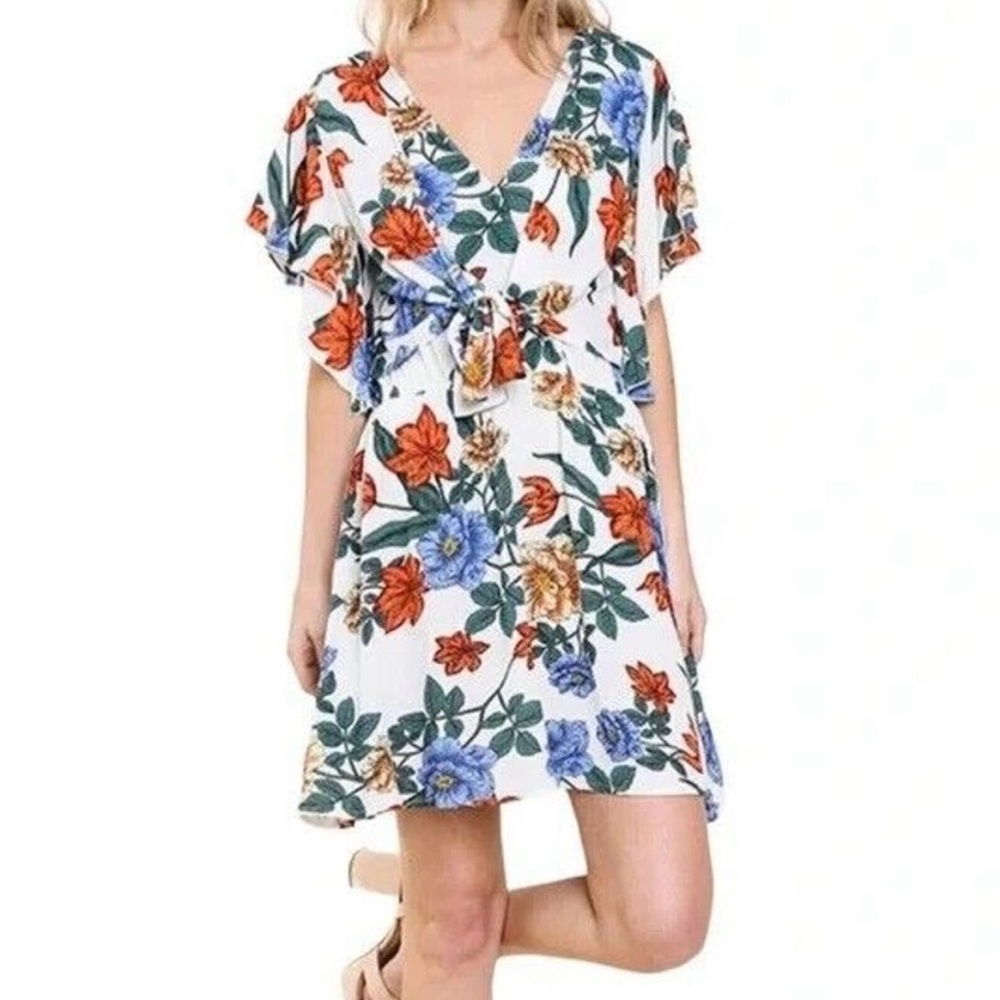 Umgee Floral Bell Sleeve Mini Dress - White with Red and Blue Women's size Small